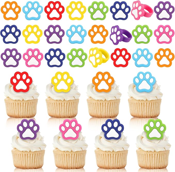 48 Pcs Paw Dog Cupcake Rings Toppers Decorations Orange Blue Red Yellow Paw Dog Theme Birthday Cupcake Rings Decorations for Puppy Baby Shower Party Supplies(White, Black)