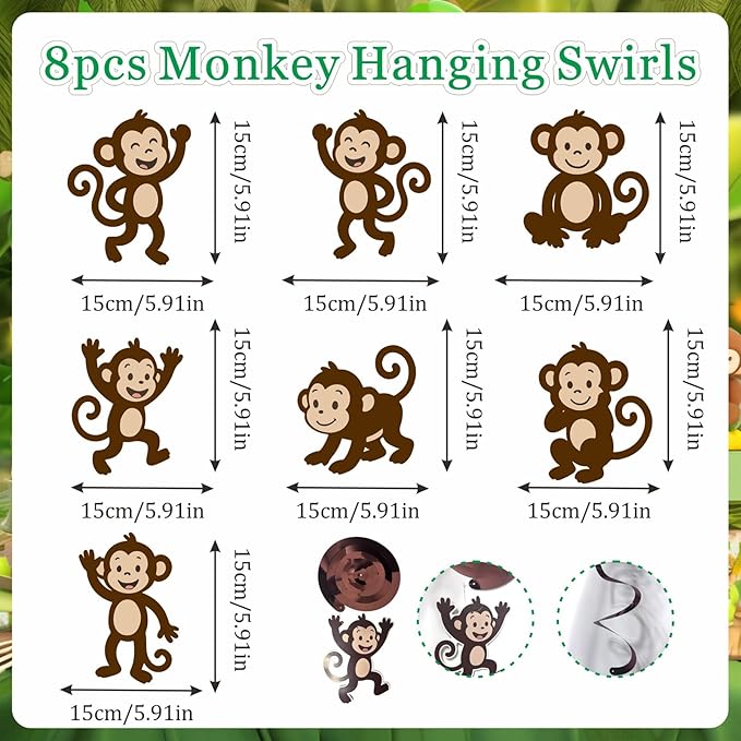 Monkey Birthday Party Decorations Jungle Theme Party Supplies Monkey Happy Birthday Banner Sign Monkey Hanging Cutouts Swirls for Boys Girls Safari Wild Animals Party Baby Shower Favors Decor