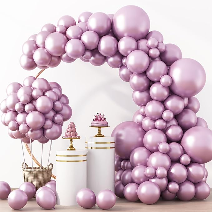 RUBFAC Metallic Pink Balloons 129pcs Different Sizes Pack of 18 12 10 5 Inch, Latex Chrome Metal Pink Balloon Garland Arch Kit for Wedding Princess Birthday Party Baby Shower Engagement Bachelorette
