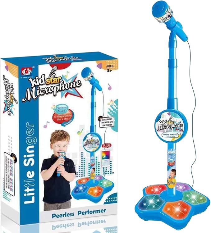 2026 New All-in-One Microphone Toy for Kids with Stand, Got Built-in Music, Colorful Lights, Echo Effects, Portable Karaoke Machine for Singing, Music Play, Fun and Easy-to-Use (Blue)