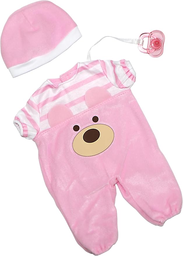 JC Toys | Pink Bear Onesie | Baby Doll Outfit + Hat + Pacifier | | Ages 2+ | Fits Dolls 12"- 14"