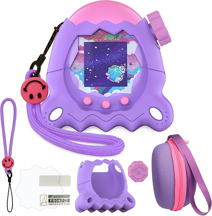 JCHPINE Hard Case and Silicone Cover for Tamagotchi Paradise Electronic Pet, Protective Cases for Tamagotchi Paradise with Screen Protector and Lanyard (Purple)