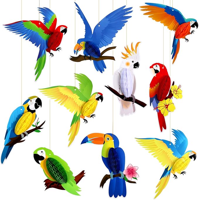 Blulu 10 Pieces Tropical Birds Honeycomb Paper Cutouts, Parrot Honeycomb, Hawaiian Summer Beach Luau Party Hanging Decorations for Tiki Bar Luau Summer Party Home Classroom Supplies