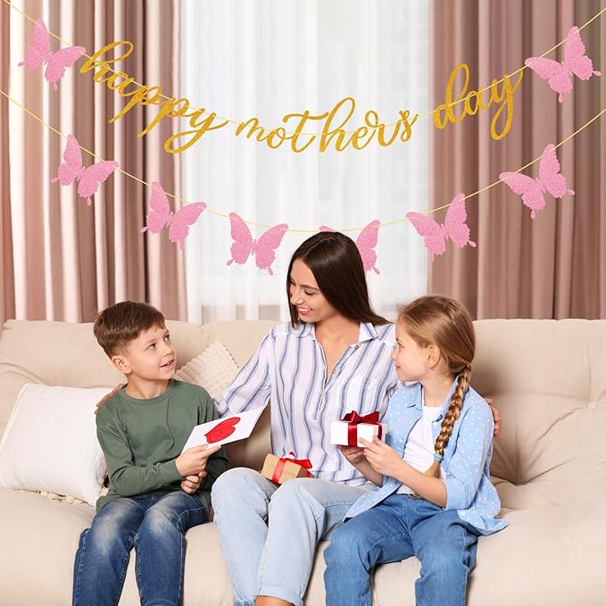 Happy Mother's Day Banner Decorations for Party Glitter Gold Pink Butterfly for Mother's Day Party Decorations Backdrop Garland Photo Props