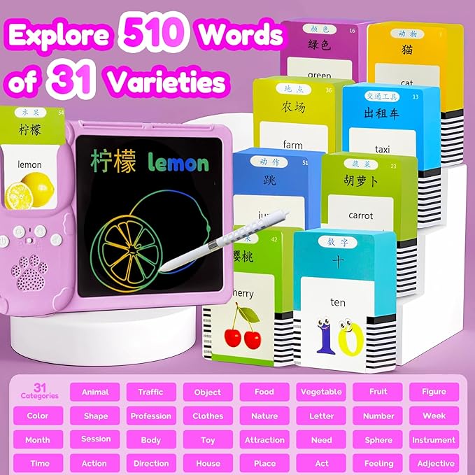 Drawing Tablet with Bilingual Flashcards for Kids - Chinese English Talking Flash Cards, LCD Writing Pad Board, Pocket Speech for Toddlers, Learning Toy Gift for Boys Girls (Chinese, Pink)