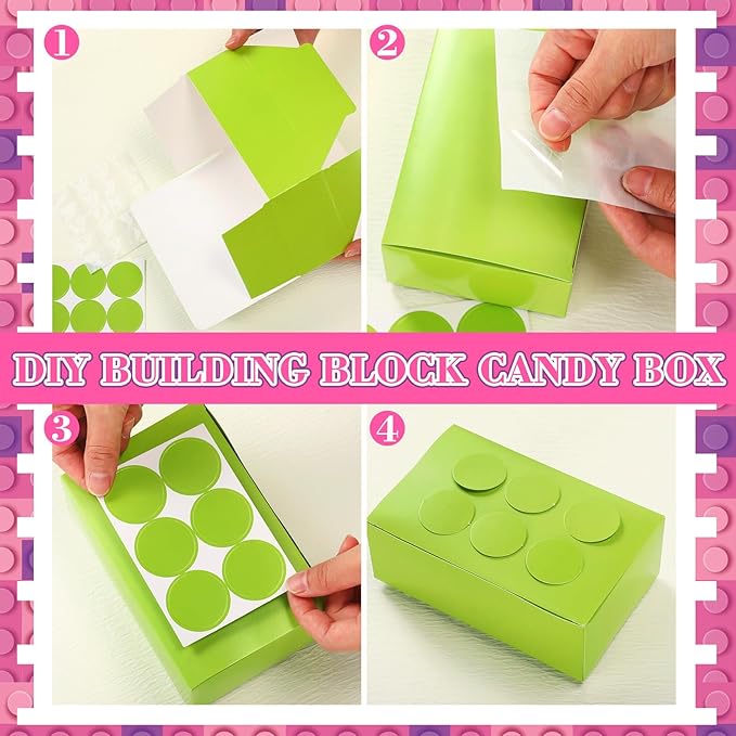 Leinuosen 24 Pieces Building Block Party Favor Boxes 4 Color DIY Brick Theme Gift Goodie Treat Candy Cardboard Paper Box for Building Block Birthday Party Baby Shower Decoration Supplies(Light)