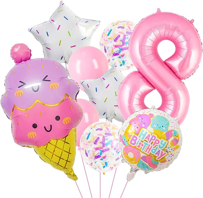 Pink Ice Cream Balloons, Number 8 Balloon, 8th Birthday Decorations for Girls, Ice Cream Balloon for Girls Birthday Party Decoration (8)