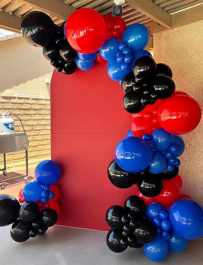 Black Red and Blue Balloons Arch Garland Kit, 106pcs Spider Theme Balloon Arch Kit with Starburst Foil Balloons, Hero-Themed Party Decorations and Birthday Backdrop for Boys