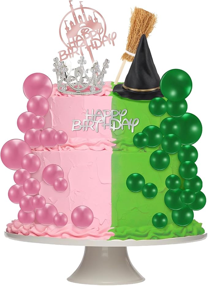 44PCS Witch Cake Topper Pink and Green Ball Cake Topper Witch Hat and Crown Cakes Topper for Girls Women Princess Birthday Party Supplies Halloween Cakes Decoration