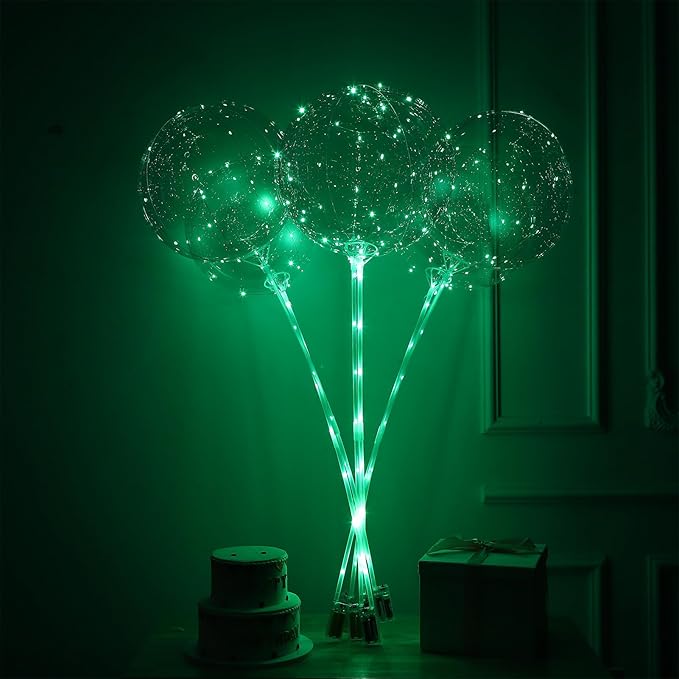 LED Balloons Light Up, 10 Pack LED Balloons with Sticks, 20 Inch Clear Bobo Balloon with Lights Helium Glow Bubble Lights for Party Supplies Valentines Decor (Green)