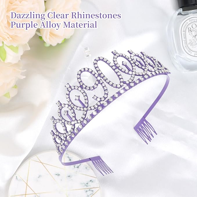 CIEHER Purple 90th Birthday Crown & Sash Set, '90 & Fabulous' Decorations for Women, One Size, Purple