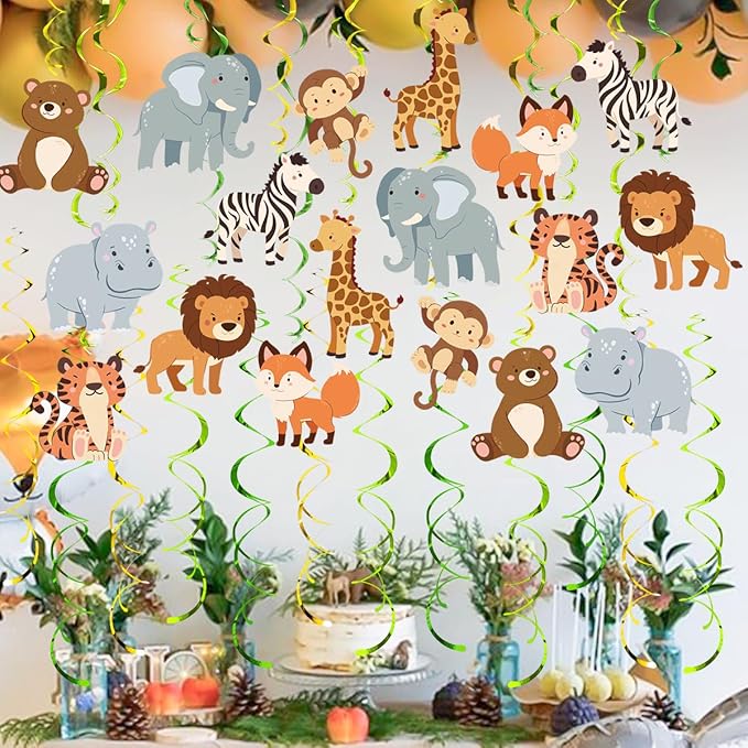 Safari Animal Party Streamers, 48 Pcs Jungle Theme Hanging Swirl Decorations - Hippo, Lion, Zebra & More for Birthday, Holiday, Classroom & Party Decor