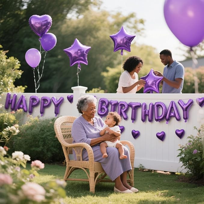 27 Pcs Purple Birthday Decorations, 3D Letters Dark Purple Happy Birthday Balloon Banner, Pentagram Heart Foil Balloons Confetti Balloons Kit For Boys Girls Party Supplies