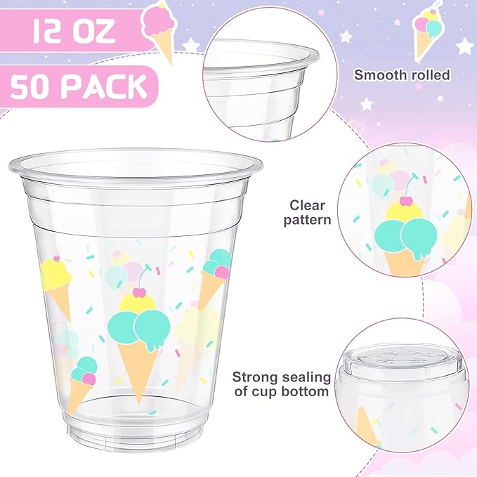 Uiifan 50 Pcs Ice Cream Party Supplies Sprinkle Ice Cream Cups Bulk Sweet One Birthday Party Decorations Disposable Clear Plastic Drinking Cups for Dessert Hot Cold Coffee Wedding Favor Baby Shower