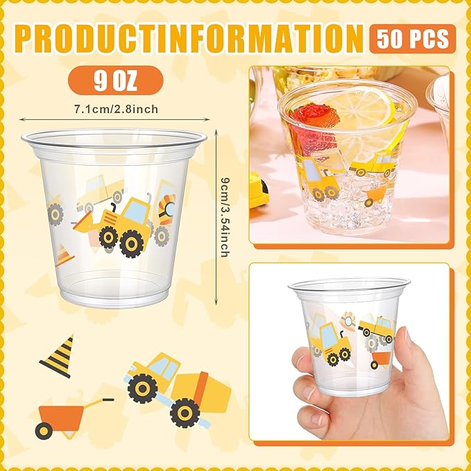 50 Pcs Construction Theme Birthday Party Supplies 9oz Construction Cups Bulk Plastic Disposable Dump Truck Cups Snack Bowls for Ice Cream Holiday Favors