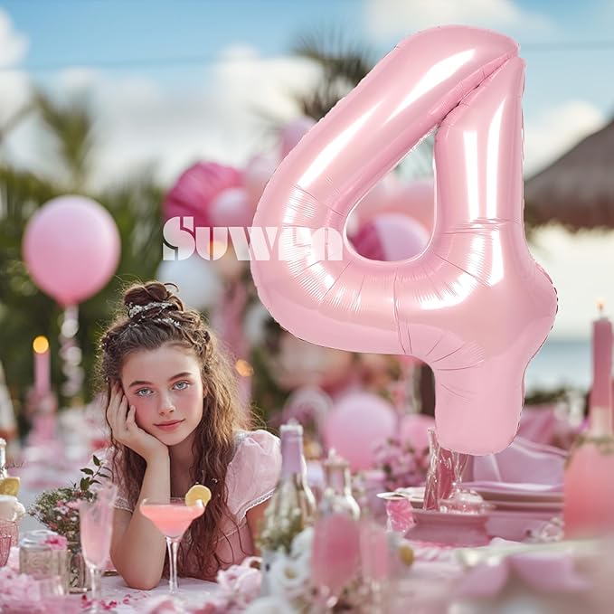 SUWEN 40 Inch Pink Large 4 Number Balloons Big Foil Helium Number Balloons 0-9 Jumbo Happy 4th Mylar Birthday Party Decorations for Girl Anniversary Party Supplies