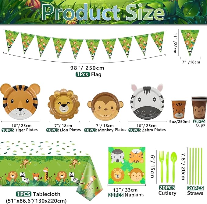 162Pcs Jungle Party Supplies- Include Animal Shape Plates, Jungle Tablecloth, Safari Flag, Napkins, Cups, Cutlery, Safari Theme Party Supplies for Kids Birthday Baby Shower Wild One, Serves 20 Guests