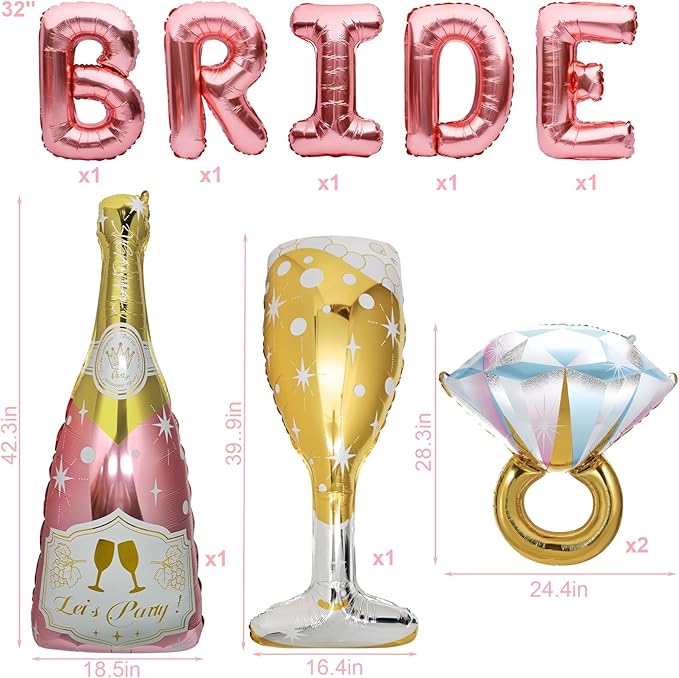 9 Pcs Bride Balloons, Huge Rose Gold Champagne Bottle Goblet Aluminum Foil Balloons for Birthday, Bachelorette, Bridal Shower, Wedding, Anniversary, Engagement Party Decorations Supplies