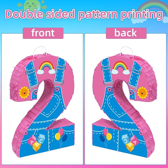 Pink Party Decorations,15.7‘’ Pink Number 2 Pinata with Stick Blindfold Confetti for Girls Boys 2nd Anniversary Party Decorations & Supplies (2nd)