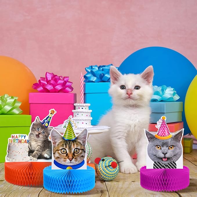 Teling 9 Pcs Cat Themed Honeycomb Centerpieces Cat Birthday Party Decorations Kitten Party Supplies Cake for Kids Baby Shower Birthday Supplies