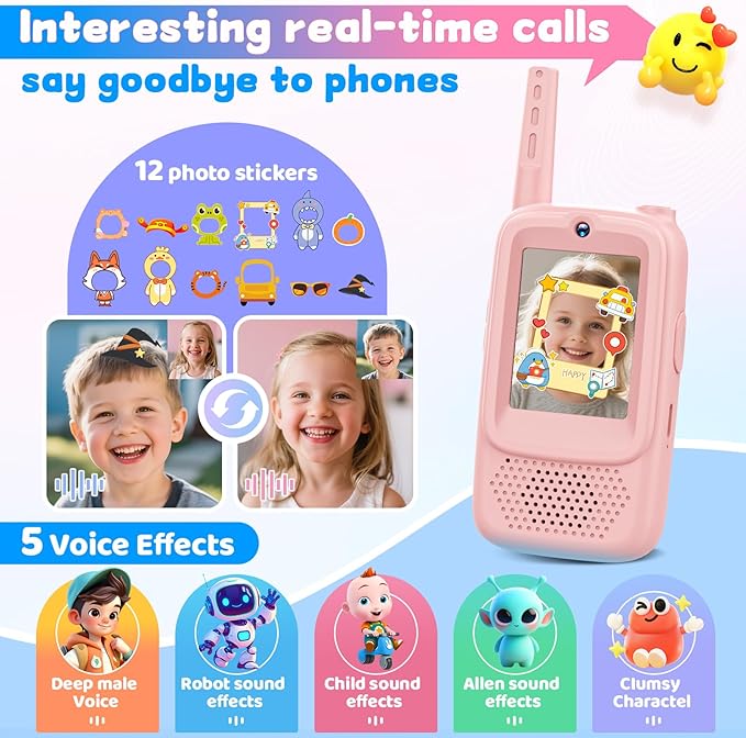 Video Walkie Talkies for Kids, 2 Pack Rechargeable Video Intercom Kids Walkies Talkies with HD Camera & Voice, Indoor Outdoor Games,Camping, Hiking for Boys Girls 3-12