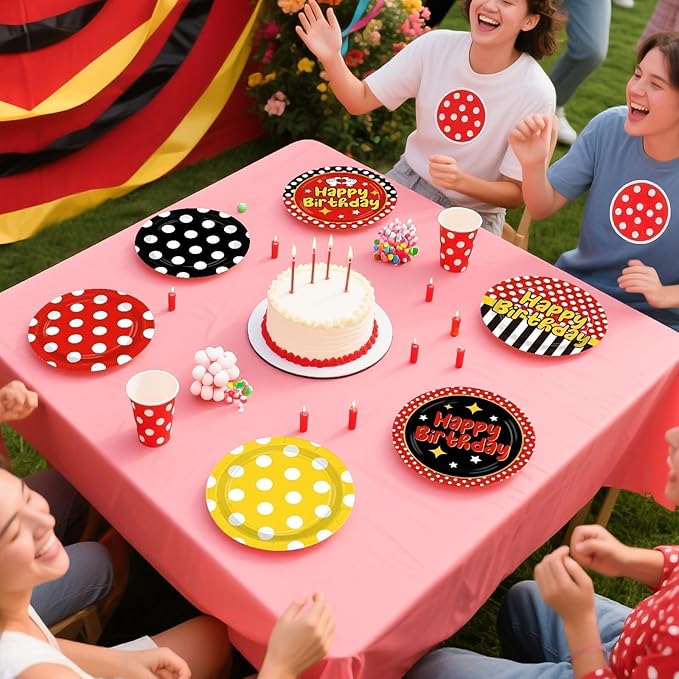 Grencian 60 Pcs Cartoon Mouse Birthday Party Decorations 9” Red Mouse Birthday Party Plates Red Black Yellow Polka Dot Platter Decorations for Halloween Boys Girls Cartoon Theme Parties Supplies