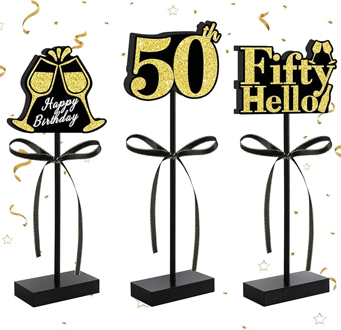 50th Black Gold Glitter Centerpieces for 50th Birthday Table Decorations,Wood Signs Happy Fifty Years Old B-Day Table Topper for Men and Women Birthday Party Supplies (3 Pcs)