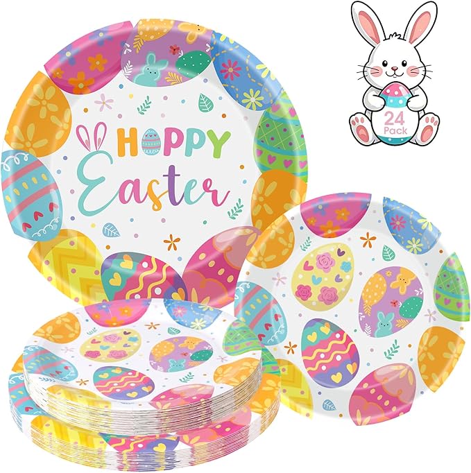 24 Pcs Happy Easter Paper Plates - Cute Round Spring Easter Plates, Colorful Eggs Dinner Dessert Plate Disposable Dinnerware Set for Spring Holiday Easters Party Table Decorations Supplies Favors