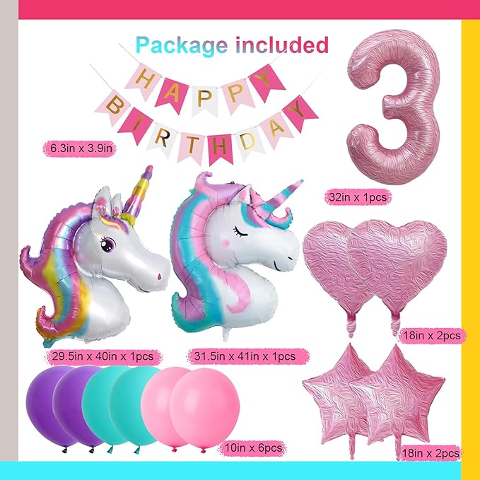 Yancan 3rd Unicorn Birthday Decorations for Girls, 3 year old Girl Party Supplies with Happy Birthday Banner, Unicorn Balloons
