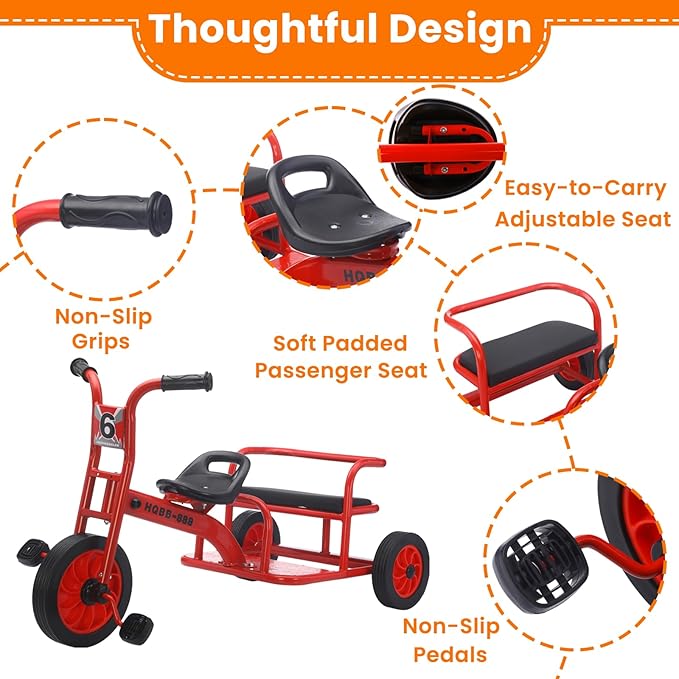Kids Tricycle for Ages 2-8, Kids Trike Bike, Preschool Daycare Tandem Tricycle with Adjustable Seat, Airless Rubber Tires and Rear Padded Seat, Gift for Boys and Girls