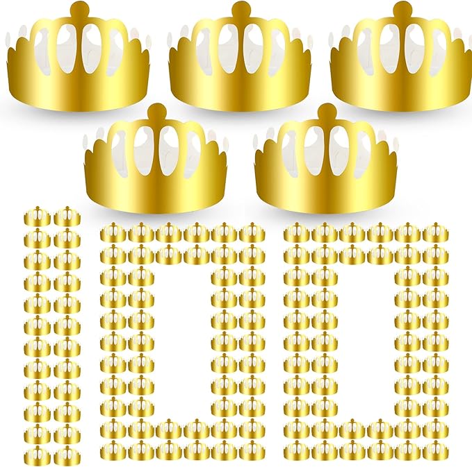 Crtiin 100 Pcs Gold Paper Crowns Birthday Party Bulk for Adults Classroom Students Hat Supplies Favors (Round Style)