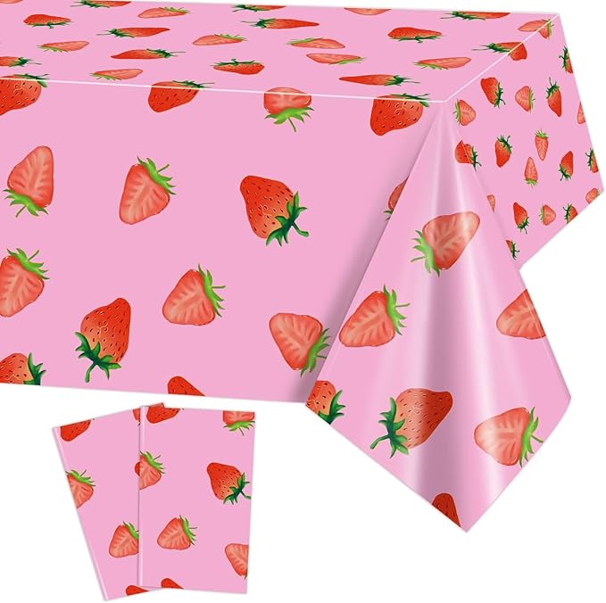 PHOGARY 2 PCS Strawberry Tablecloth for Strawberry Party Decorations, Disposable Plastic Rectangle Berry First Birthday Table Cloth for Kids Girls Berry Birthday Decorations Baby Shower 54"X108"