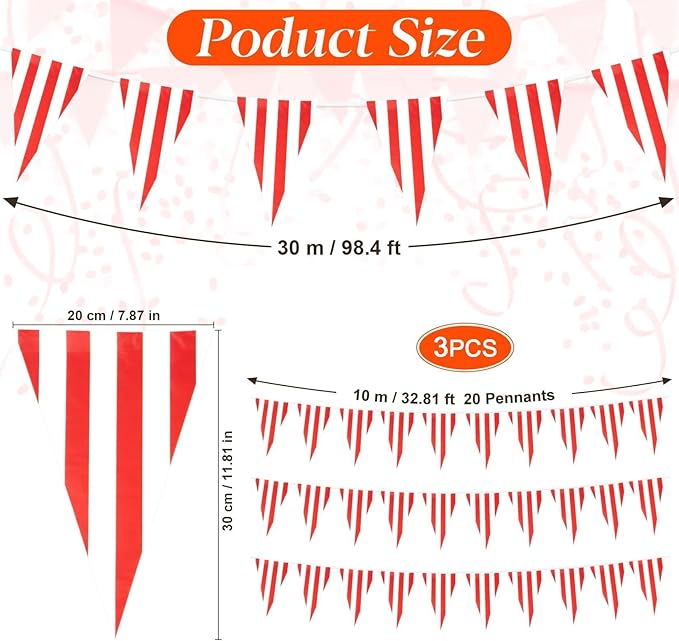 MAQIHAN Red & White Striped Pennant Banner - 98 Ft Triangle Banner Flags Carnival Circus Theme Party Decorations Supplies Triangle Bunting Flags for Carnival Circus Birthday Christmas Party Decorations Supplies