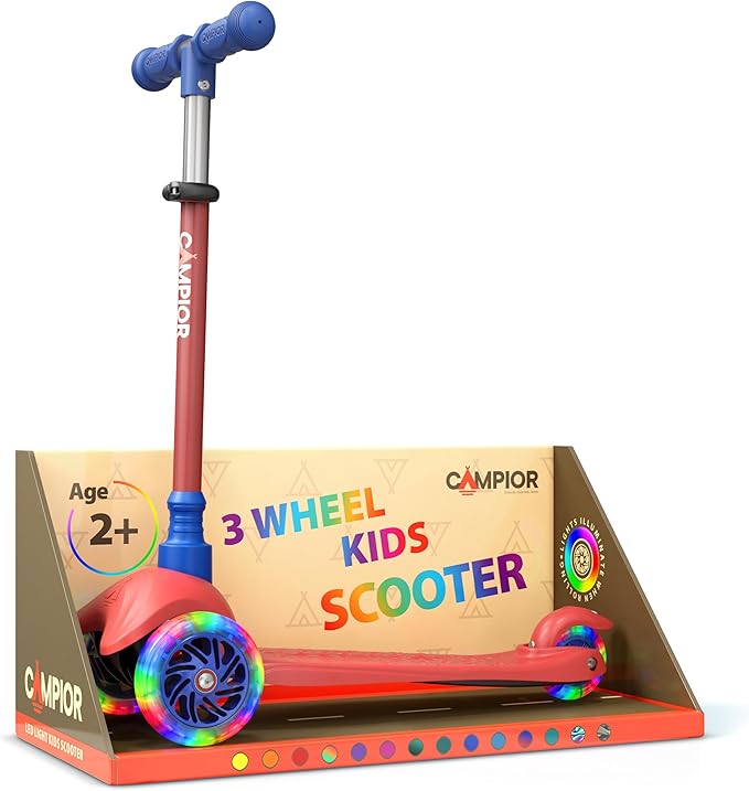 Red & Blue Mini 3 Wheel Scooter for Kids – Lean-to-Steer with LED Light-Up Wheels, Adjustable Handlebar, Wide Anti-Slip Deck, Smooth PU Wheels, Rear Foot Brake – Toddler Scooter for Ages 2+