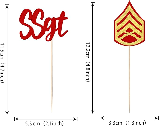 24 Pack SSGT Staff Sergeant Cupcake Toppers Glitter Military Bound Glitter Emblem Badge Cupcake Picks for Military Army Themed Cake Decorations Birthday Party Supplies Red Gold