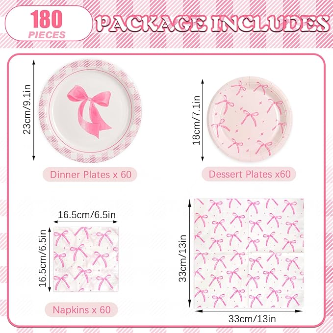 180Pcs Pink Bow Party Supplies Paper Plates and Napkins Serve 60 Disposable Tableware Set for Birthday Party Decorations Game Day Family Holiday Sports Events