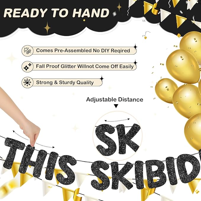 Fulmoon Pre Strung This Skibidi Rizzler Is 12 No Cap Glitter Banner 12th Birthday Party Decorations, Funny Birthday Sign, Party Supplies, Ideas, Gifts, Black
