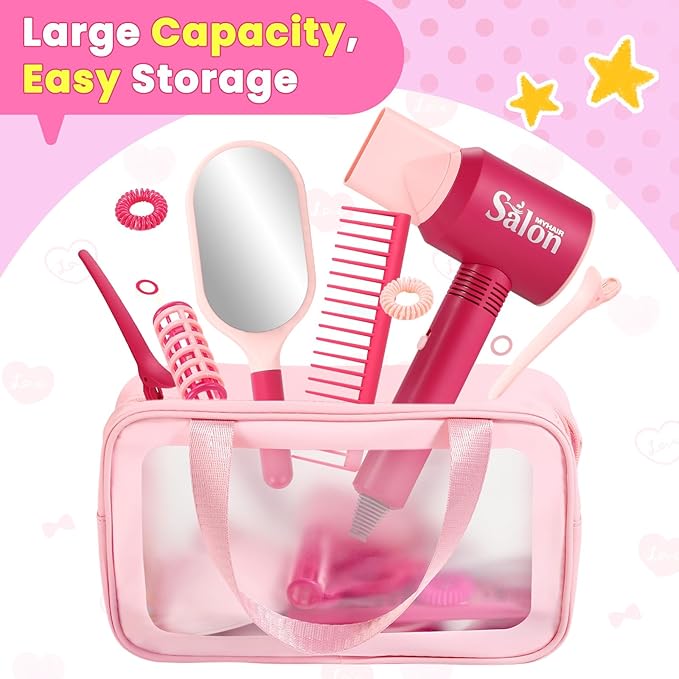 GAGAKU Kids Pretend Play Hair Salon Set, Pink, 36 Piece Beauty Styling Accessories Kit with Toy Dryer, Scissors, Combs for Girls