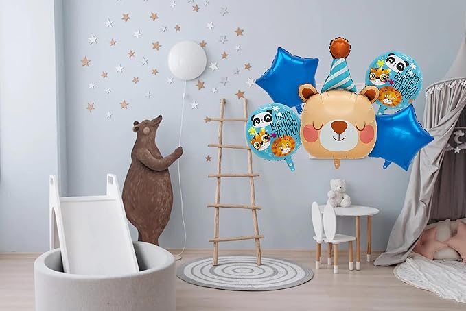 3D Bear Balloon,Kids Happy Birthday Star-shaped Balloon Party Decoration,Baby Shower Children Jungle Themed Decorations Woodland Safari Animal Balloons,5Pcs of Set