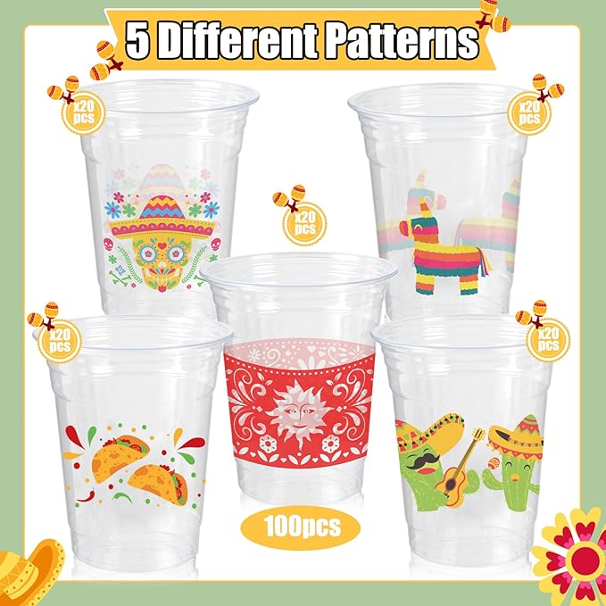 100Pcs Fiesta Cups,12 OZ Plastic Disposable Clear Mexican Cups for Cinco De Mayo Drinkware Party Supplies Fiesta Taco Birthday Party Decorations, 5 Designs
