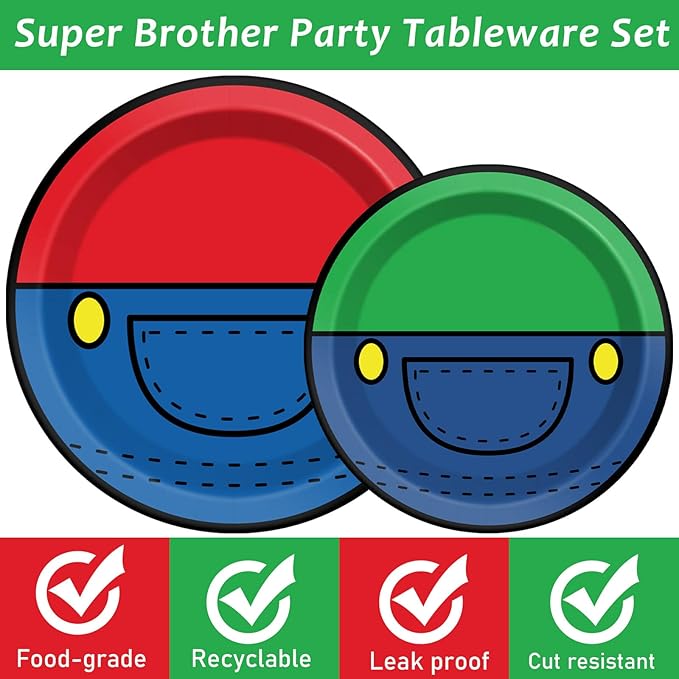 96 Pcs Super Brother Party Supplies Set Super Brother Plates Super Video Games Tablewear and Napkins Forks Super Bros Birthday Party Decorations for Kids Baby Shower Serves 24
