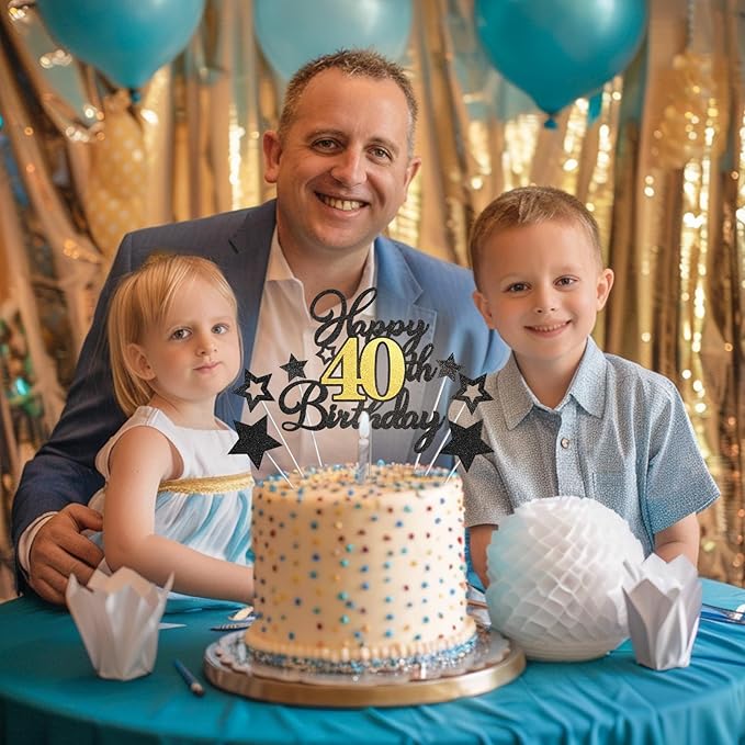 Happy 40th Birthday Cake Toppers, Black Gold Glitter Cake Decorations Set, 40th Birthday Decor for Men Women, Birthday Anniversary Party Decorations Supplies