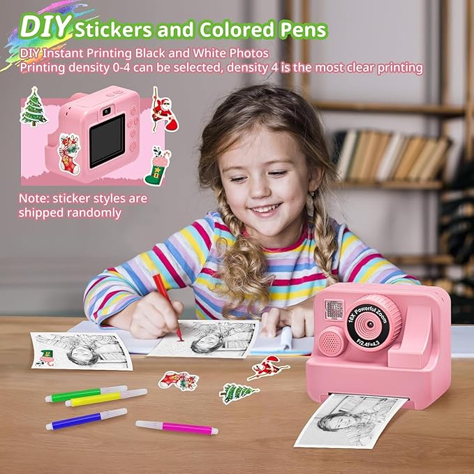 Kids Camera Instant Print, Christmas Birthday Gifts for Kids Age 3-12, Selfie Digital Camera with 1080P Videos,Toddler Portable Travel Camera Toy for 4 5 6 7 8 9 Year Old Boys (Pink)