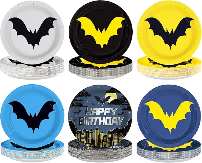 60Pcs Bat Theme Hero Party Paper Plates 9" Disposable Heavy Duty Cartoon Bat Birthday Dessert Plates Black Yellow Super Theme City Party Decorations for Boys Kids Baby Shower Holiday Party Supplies