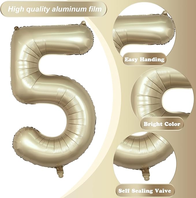 Metallic Gold 5 Balloons, 40 Inch Giant Light Gold Mylar Foil Number 0-9 Helium Balloon for Girls Boys, Self Inflating Champagne 5th Birthday Balloon for Women Anniversary Party Decorations Supplies