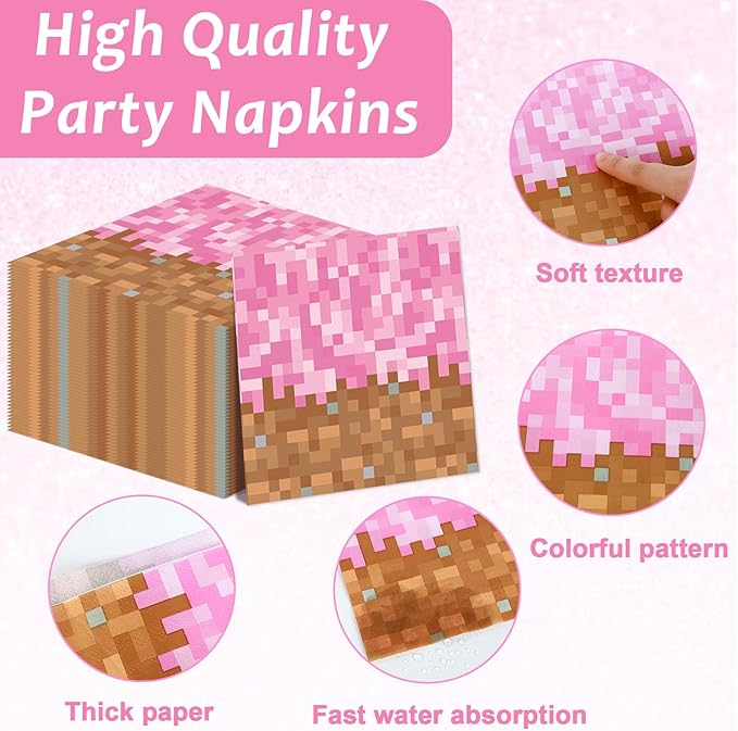 96Pcs Pixel Girl Birthday Plates and Napkins Mining Party Decorations Video Game Paper Tableware Set Pink Pixel Themed Disposable Dinnerware kit for Baby Shower Party Supplies Serve 24