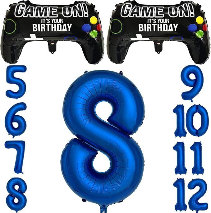 Navy Blue Video Game Party Supplies Boys 8th Birthday Party Decorations- 2 Packs Game On Balloons with Dark Blue Number 8 Balloon