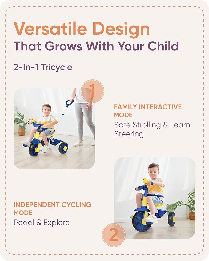 KRIDDO 2 in 1 Kids Tricycles Age 18 Month to 3 Years, EVA Wheels Upgraded Trikes Gift for Toddlers 2 to 3 Year Old with Push Handle and Duck Bell, Blue