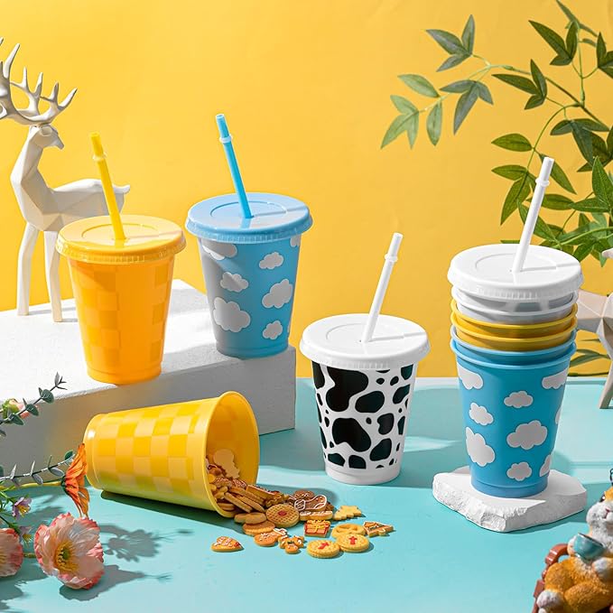 Tioncy 12 Pcs 16 Oz Cartoon Themed Party Reusable Plastic Cups Plastic Tumbler with Lid and Straw Drinking Cup Cartoon Carnival Birthday Party Supplies for Decorations
