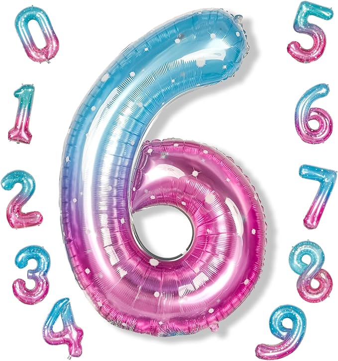 40 Inch Balloon Number 6 Blue Pink, Large Foil Mermaid 6 Balloons Number for Women, Starry Rainbow Globos de Numero 6 Helium Balloons for Girls 6th Birthday Anniversary Graduation Party Decorations